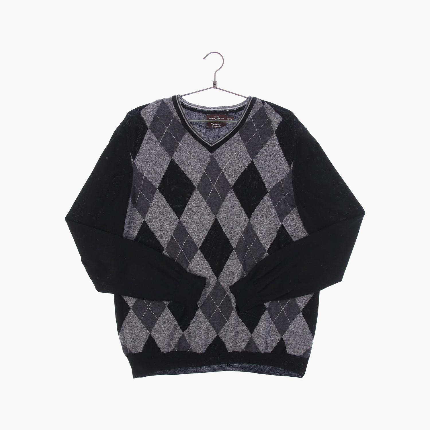 블랙브라운 울 브이넥 패턴 니트/스웨터 공용 XL 빈티지톡