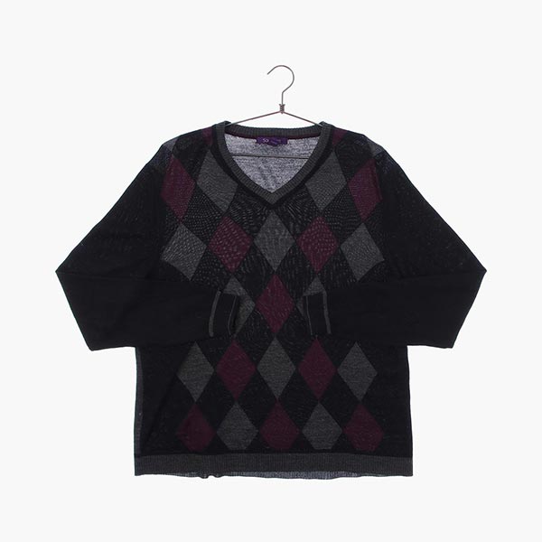 울 브이넥 패턴 니트/스웨터 공용 L 빈티지톡